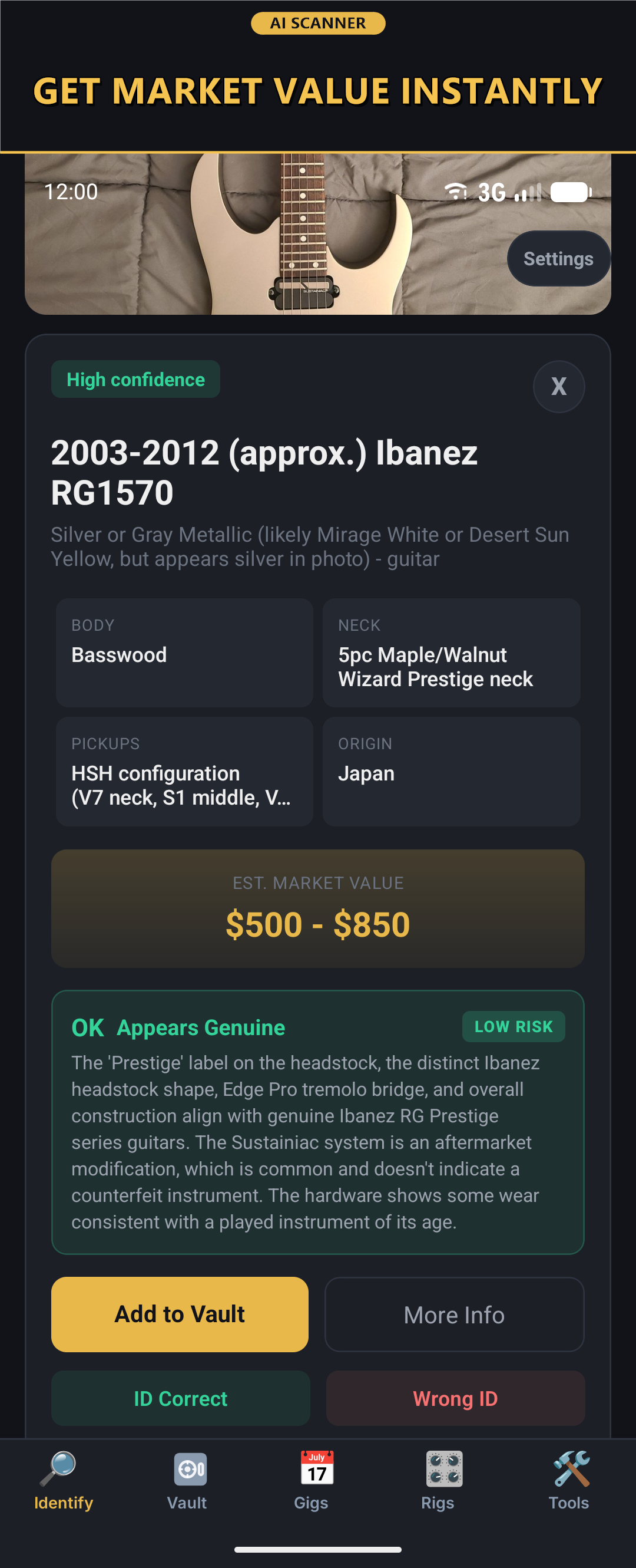 GuitarVault AI scan screenshot